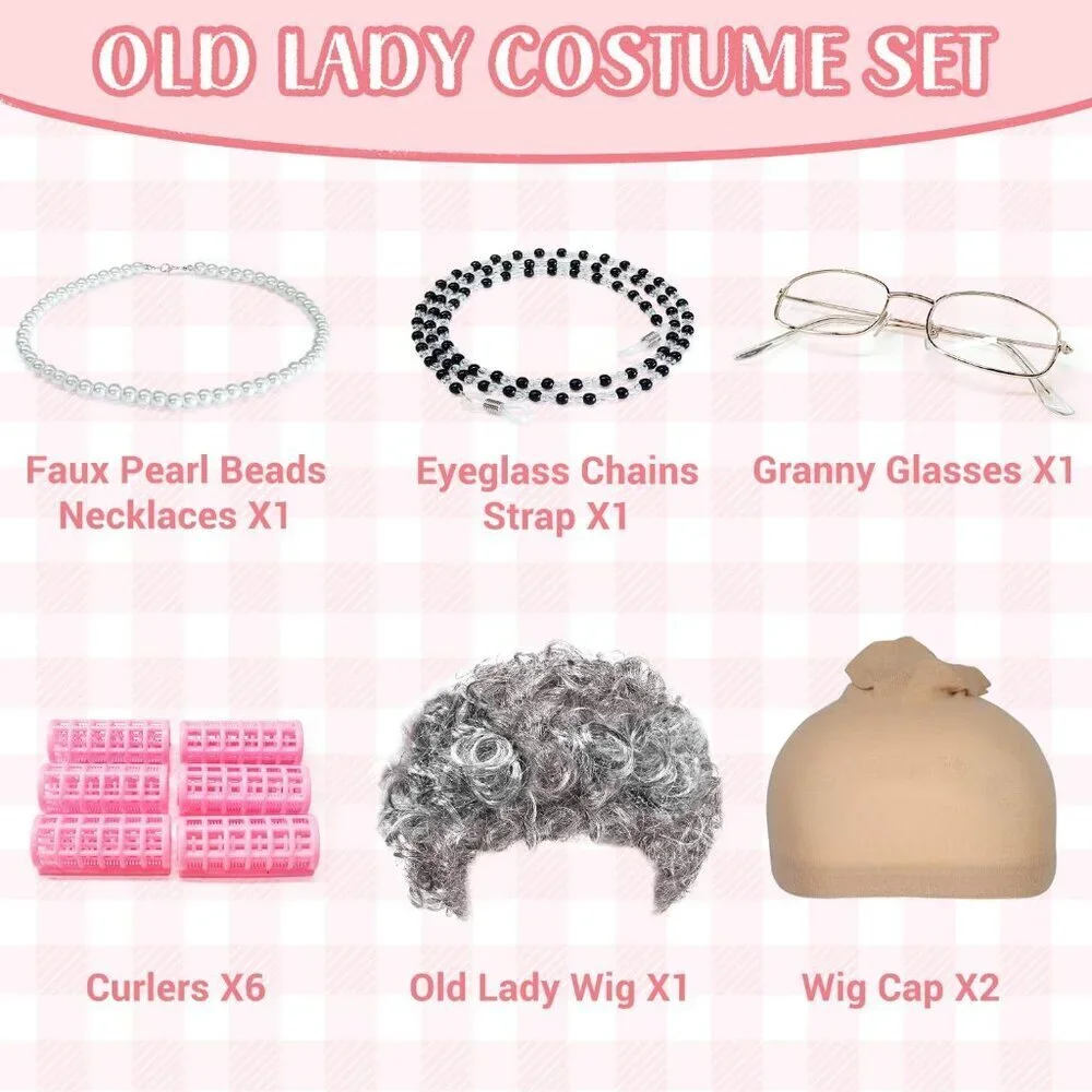 Old Lady Costume Set Gray Wig Glasses Pearl Necklace Cosplay Halloween
